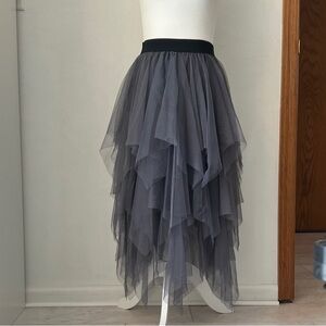 Gray Layered Tulle Skirt with Black Waistband